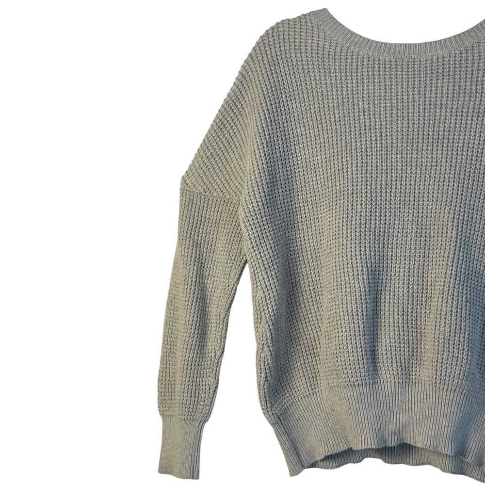 Waffle Knit V Neck Criss Cross‎ Back Sweater Light Grey Size M - Picture 5 of 8